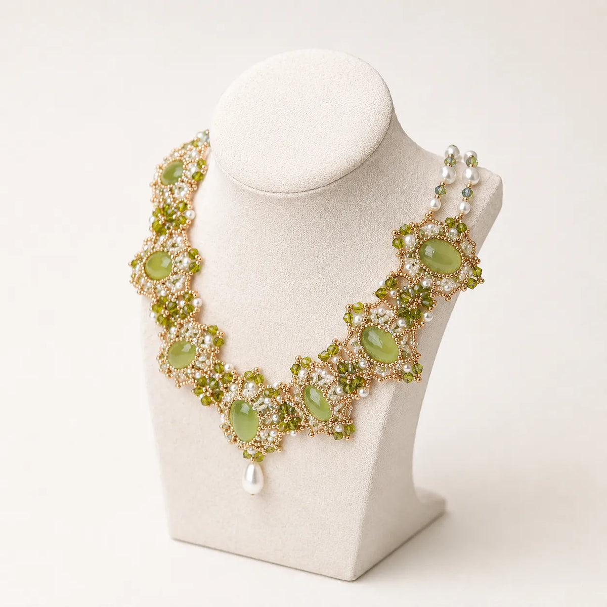 Intricate Green & Gold DIY Bead Necklace Kit with Agate, Faux Pearls & Rhinestone Accents