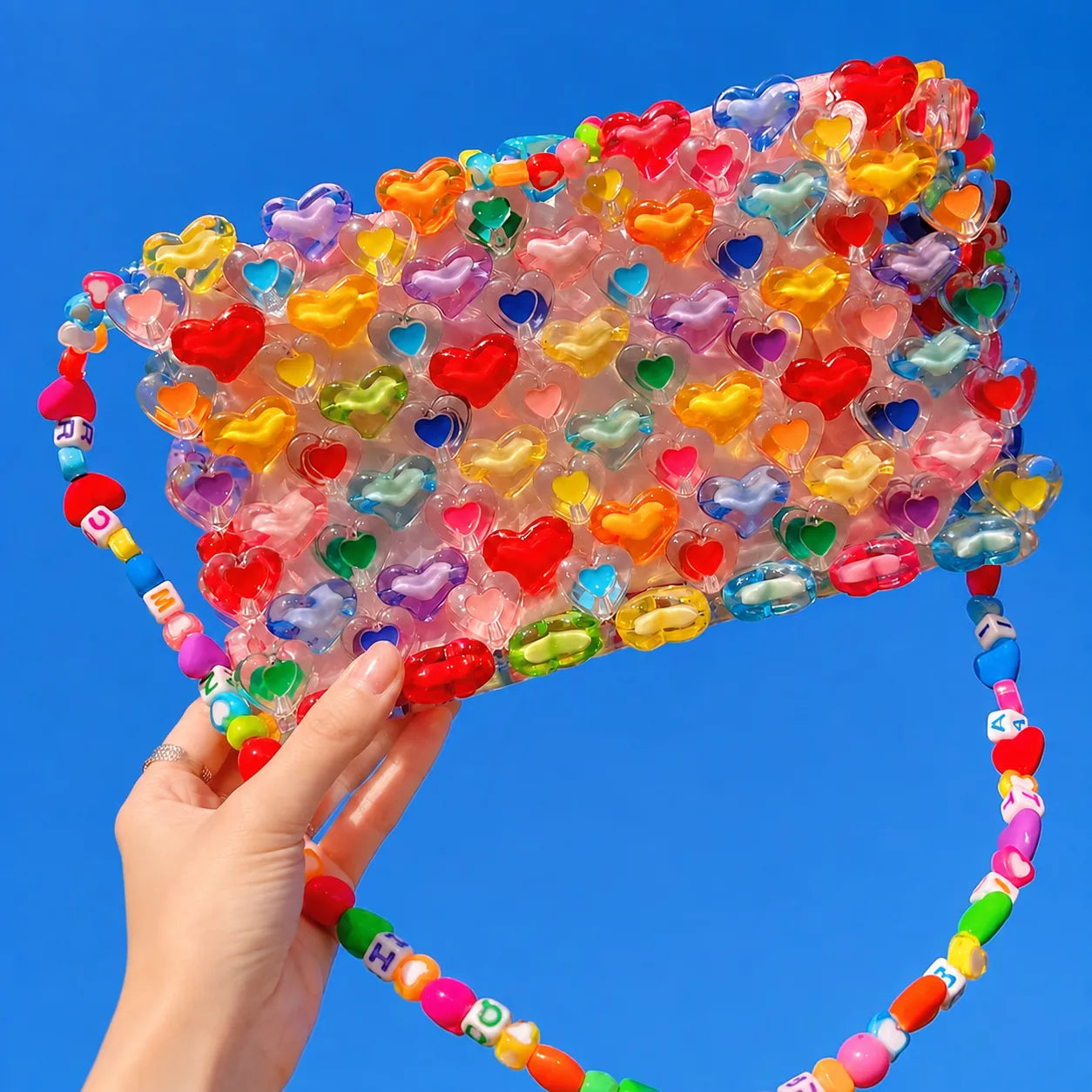 Rainbow Dopamine Jelly Heart Beaded Shoulder Bag DIY Kit – Colorful Translucent Acrylic Handbag