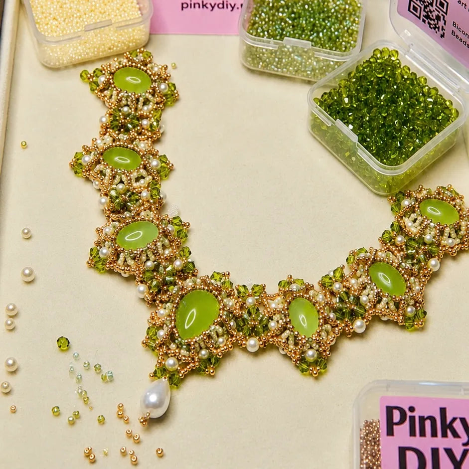 Intricate Green & Gold DIY Bead Necklace Kit with Agate, Faux Pearls & Rhinestone Accents