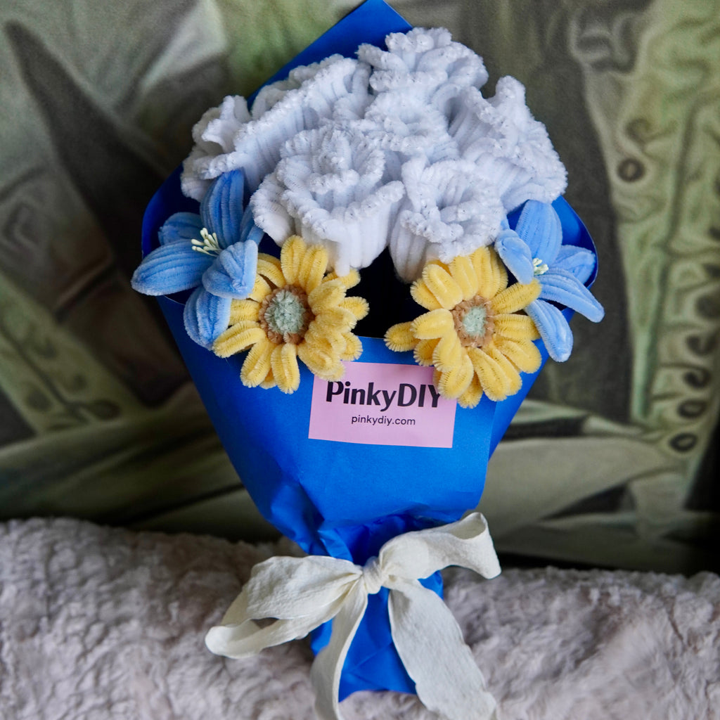 White & Baby Blue Rose, Sunflower & Lily Spring Bouquet DIY Kit – Pipe Cleaner Flowers