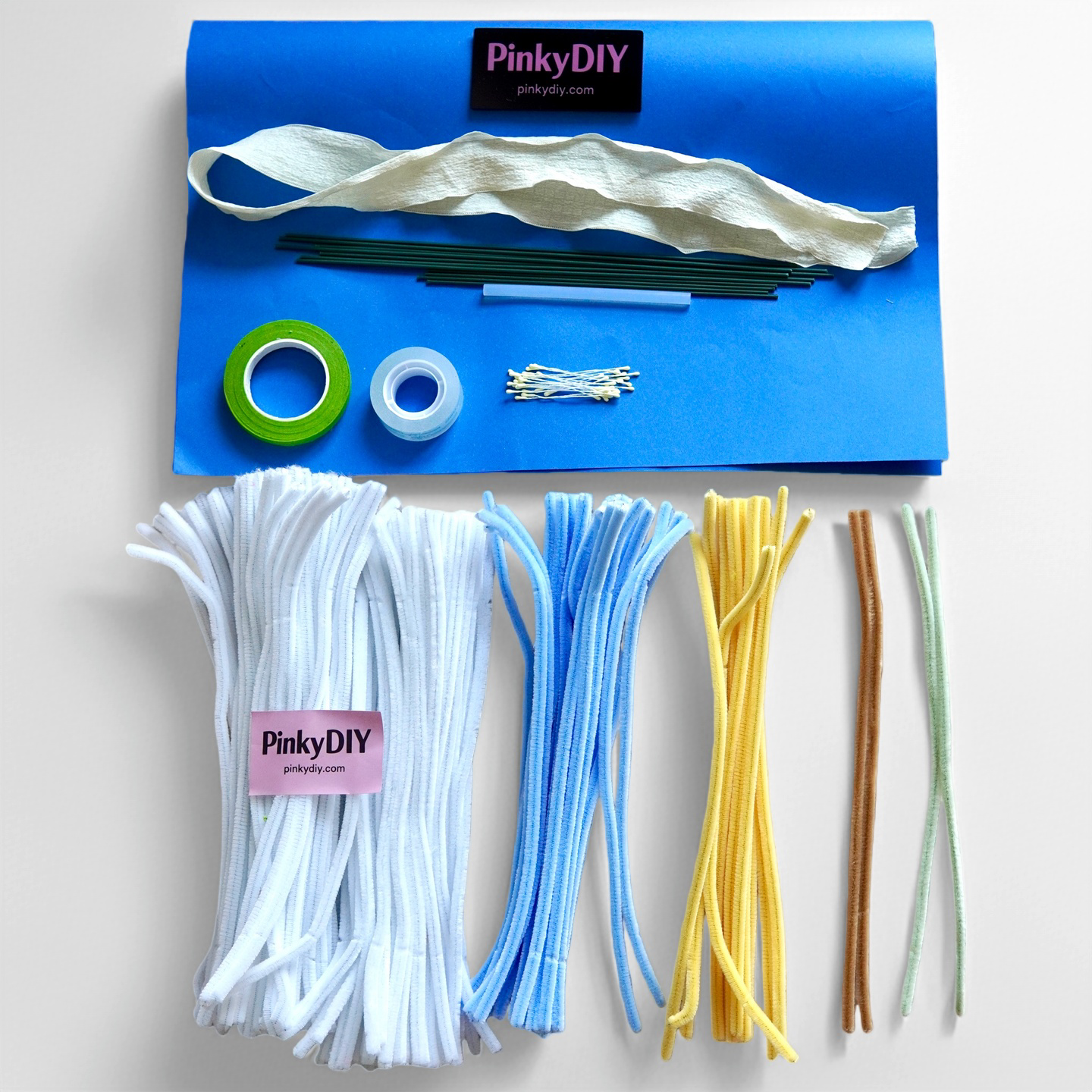 White & Baby Blue Rose, Sunflower & Lily Spring Bouquet DIY Kit – Pipe Cleaner Flowers