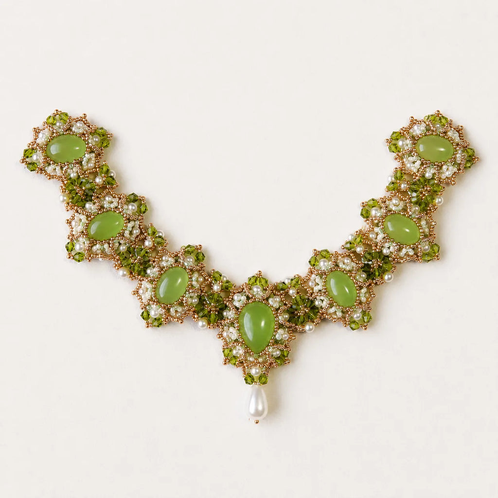 Intricate Green & Gold DIY Bead Necklace Kit with Agate, Faux Pearls & Rhinestone Accents