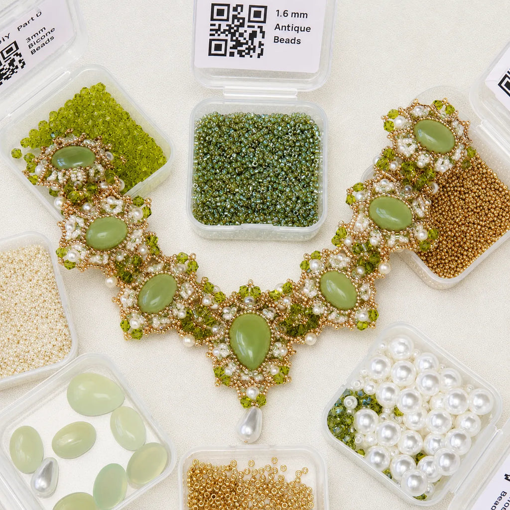Intricate Green & Gold DIY Bead Necklace Kit with Agate, Faux Pearls & Rhinestone Accents