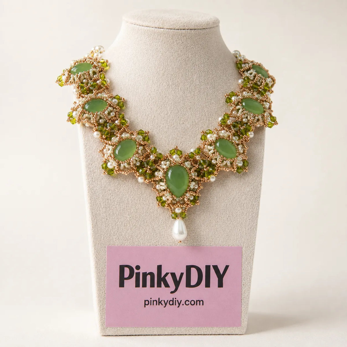 Intricate Green & Gold DIY Bead Necklace Kit with Agate, Faux Pearls & Rhinestone Accents