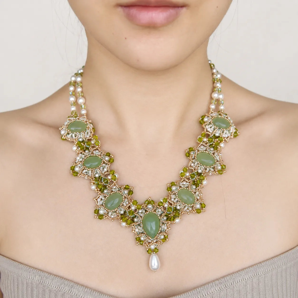Intricate Green & Gold DIY Bead Necklace Kit with Agate, Faux Pearls & Rhinestone Accents
