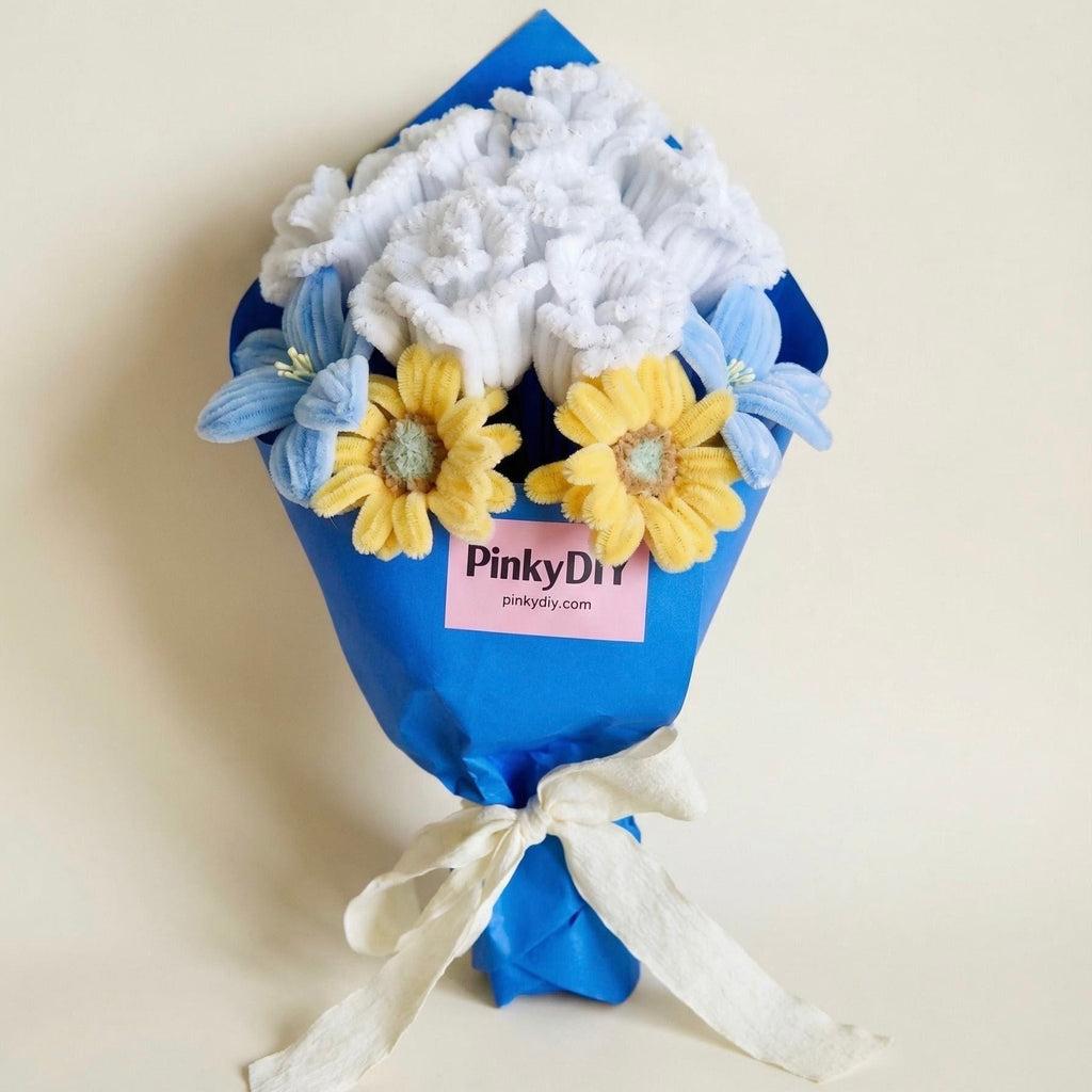White & Baby Blue Rose, Sunflower & Lily Spring Bouquet DIY Kit – Pipe Cleaner Flowers