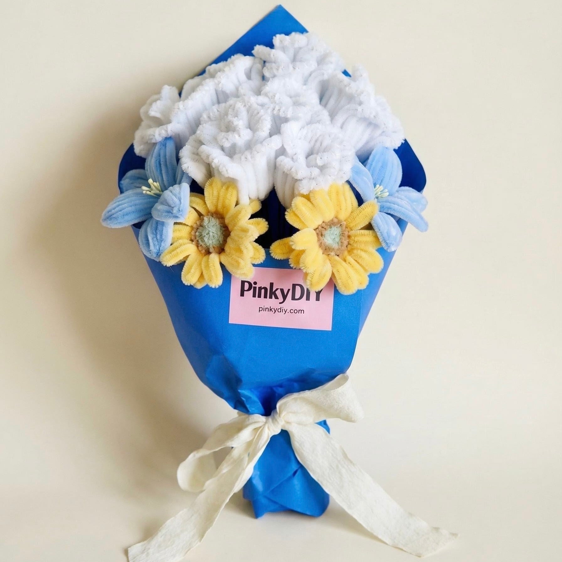 White & Baby Blue Rose, Sunflower & Lily Spring Bouquet DIY Kit – Pipe Cleaner Flowers