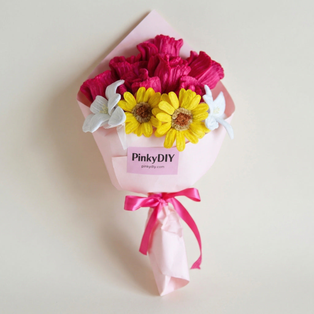 Kit DIY Bouquet de fleurs de printemps Rose & Fuchsia, Tournesol & Lys – Fleurs en chenille