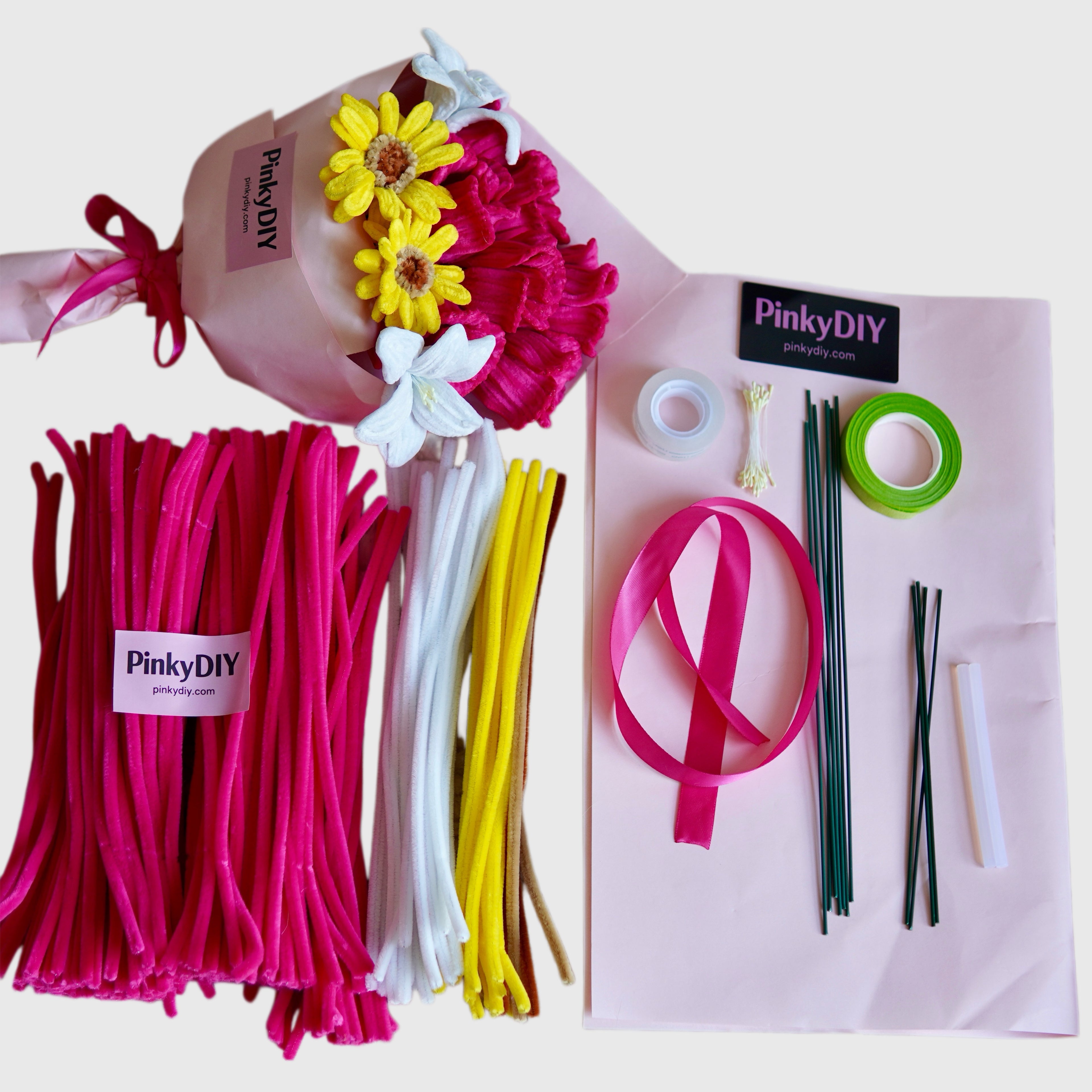 Kit DIY Bouquet de fleurs de printemps Rose & Fuchsia, Tournesol & Lys – Fleurs en chenille