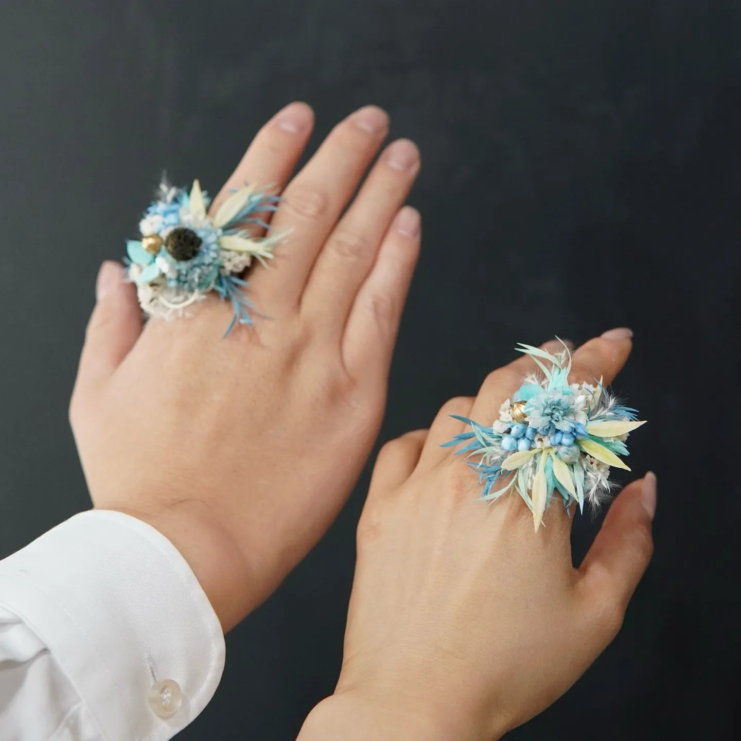 Flower Ring DIY Kit (Set of 2) - Blue Whisper - Handmade Mini Bouquet Rings