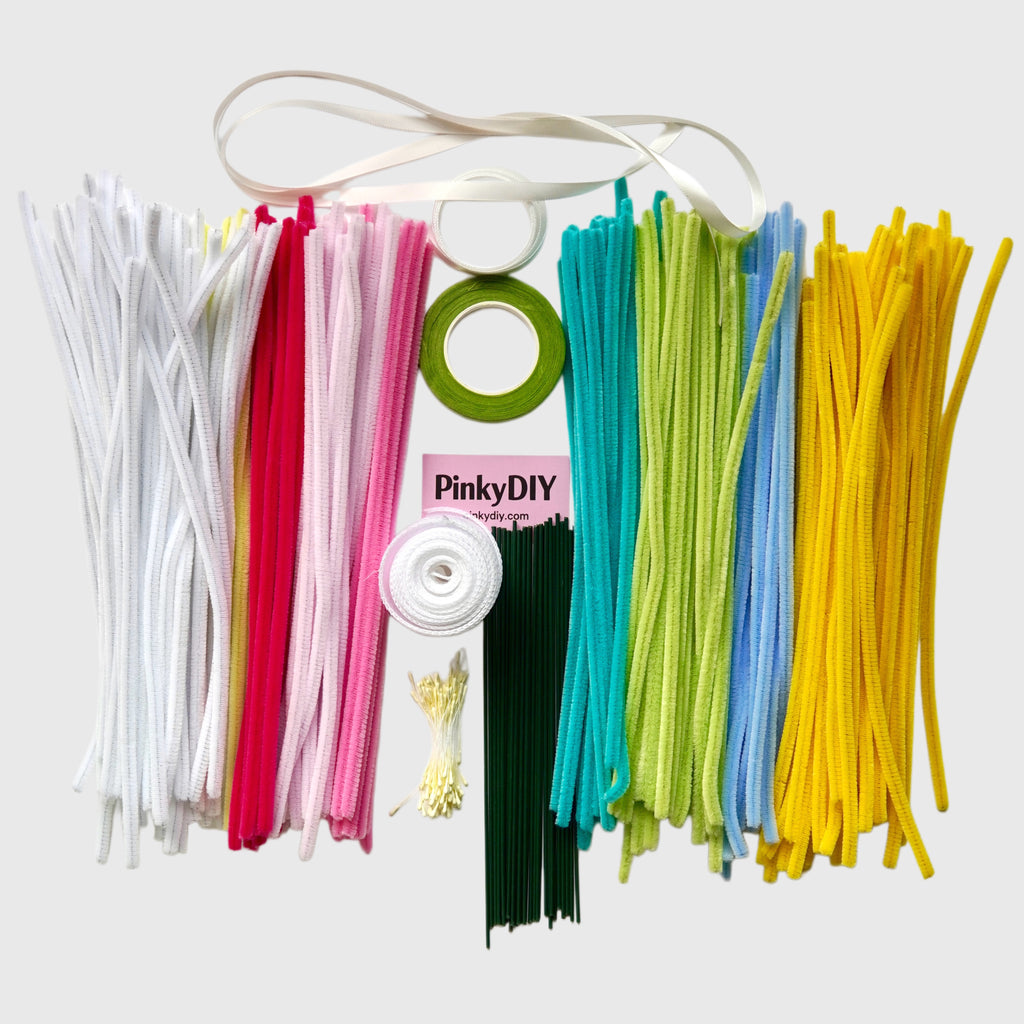 Kit de bouquet de cure-pipes arc-en-ciel color block – Coffret cadeau floral fait main DIY
