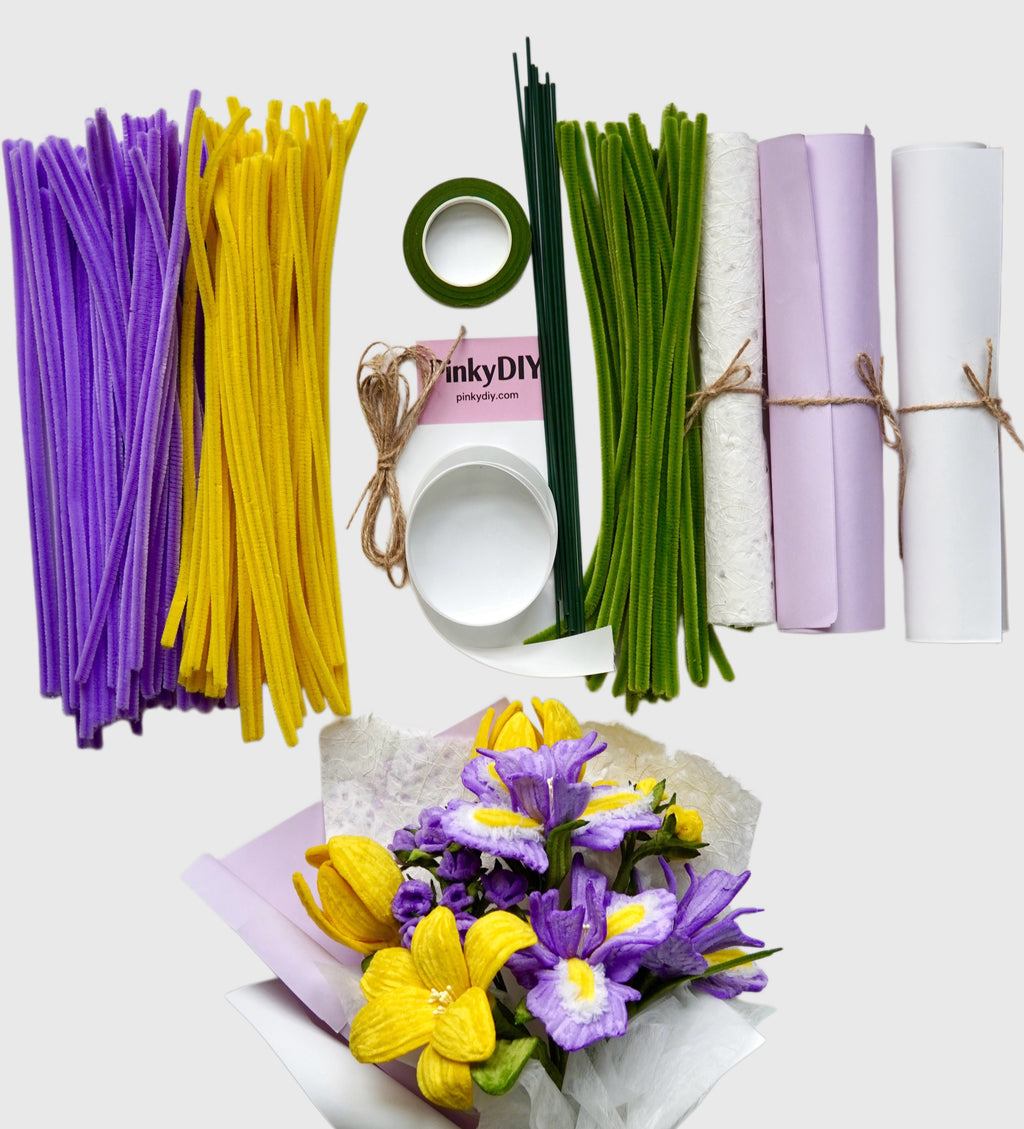 Amara Bloom – Purple & Golden Iris Tulip Bouquet Kit