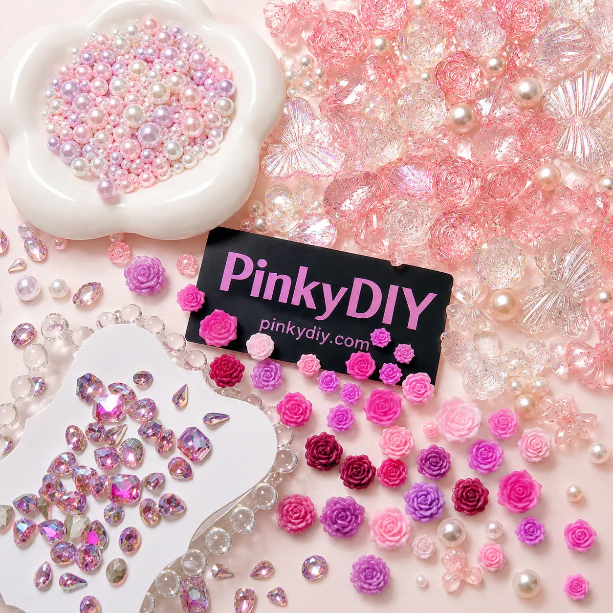 Pink Translucent Mixed Embellishment Pack – 100 pcs | DIY Charms & Pearls