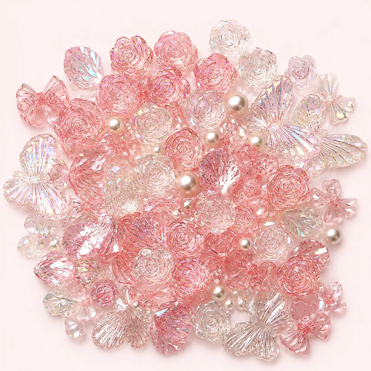 Pink Translucent Mixed Embellishment Pack – 100 pcs | DIY Charms & Pearls