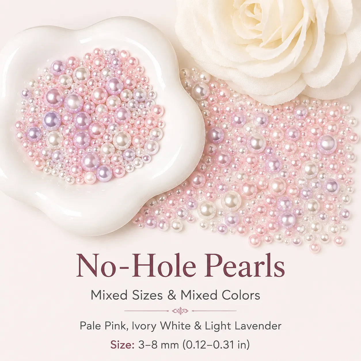 Heart-shaped container filled with no-hole pearls in various colors on a white background.
